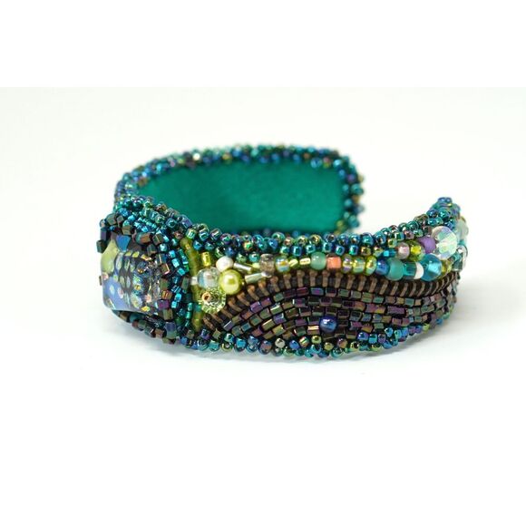 Beaded Cuff Bracelet Dichroic Glass Center Crystal Gems Zipper Hand‎ Made - Picture 7 of 9